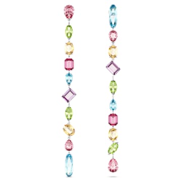 스와로브스키 Swarovski Gema drop earrings, Asymmetrical design, Mixed cuts, Extra long, Multicolored, Rhodium plated