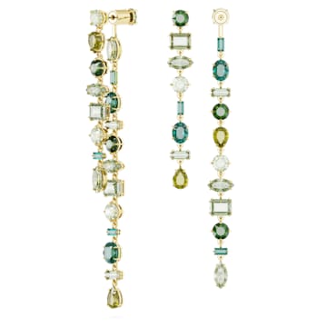 스와로브스키 Swarovski Gema drop earrings, Asymmetrical design, Mixed cuts, Extra long, Green, Gold-tone plated