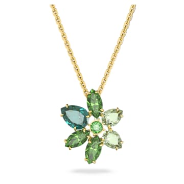 스와로브스키 목걸이 Swarovski Gema pendant, Mixed cuts, Flower, Green, Gold-tone plated