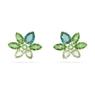 스와로브스키 Swarovski Gema stud earrings, Mixed cuts, Flower, Green, Gold-tone plated