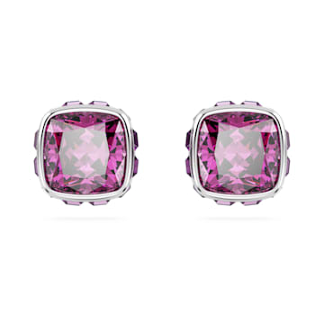 스와로브스키 Swarovski Birthstone stud earrings, Square cut, February, Pink, Rhodium plated