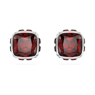 스와로브스키 Swarovski Birthstone stud earrings, Square cut, January, Red, Rhodium plated