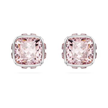 스와로브스키 Swarovski Birthstone stud earrings, Square cut, June, Pink, Rhodium plated