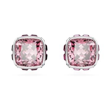 스와로브스키 Swarovski Birthstone stud earrings, Square cut, October, Pink, Rhodium plated