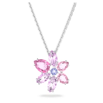 스와로브스키 목걸이 Swarovski Gema pendant, Mixed cuts, Flower, Pink, Rhodium plated