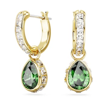 스와로브스키 Swarovski Stilla drop earrings, Pear cut, Green, Gold-tone plated