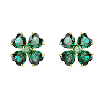 스와로브스키 Swarovski Idyllia stud earrings, Clover, Green, Gold-tone plated