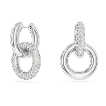 스와로브스키 Swarovski Dextera hoop earrings, Asymmetrical design, Interlocking loop, White, Rhodium plated