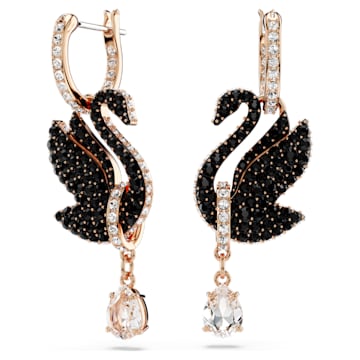 스와로브스키 Swarovski Swan drop earrings, Swan, Black, Rose gold-tone plated