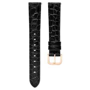 SWAROVSKI 施華洛世奇 - 錶帶 寬16毫米（0.63英吋), 縫線皮革錶帶, 黑色, 玫瑰金色潤飾