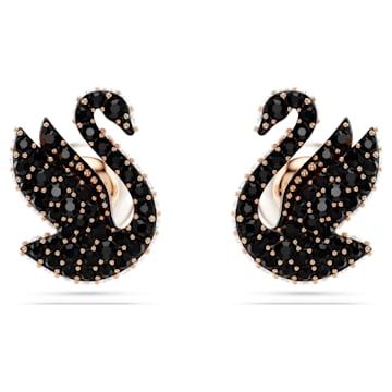 SWAROVSKI 施華洛世奇 - Swarovski Swan 耳釘 天鵝, 黑色, 鍍玫瑰金色調