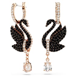 Swan drop earrings, Swan, Black, Rose gold-tone plated - Swarovski, 5678047