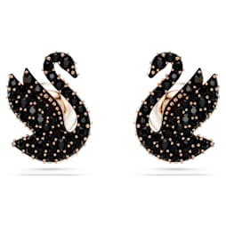 Swan stud earrings, Crystal pearl, Swan, Black, Rose gold-tone plated - Swarovski, 5684608