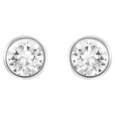 Solitaire stud earrings, Round cut, White, Rhodium plated - Swarovski, 5101338
