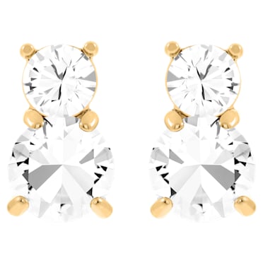 Solitaire stud earrings, Round cut, White, Gold-tone plated - Swarovski, 5128809