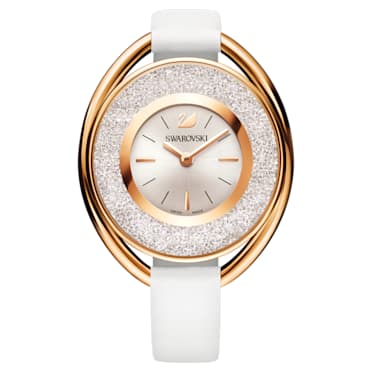 Crystalline Oval Uhr, Schweizer Produktion, Lederarmband, Weiß, Roségoldfarbenes Finish - Swarovski, 5230946