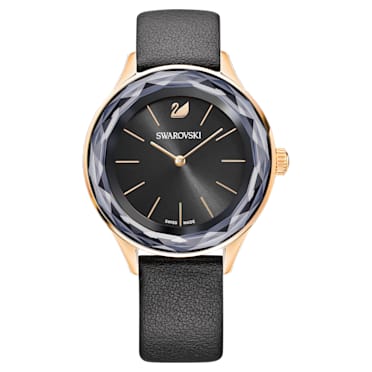 Octea Nova watch, Swiss Made, Leather strap, Black, Rose gold-tone finish - Swarovski, 5295358