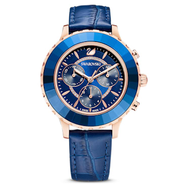 Ceas Octea Lux Chrono, Fabricat în Elveția, Curea din piele, Albastru, Albastru, Finisaj în nuanță roz-aurie - Swarovski, 5563480