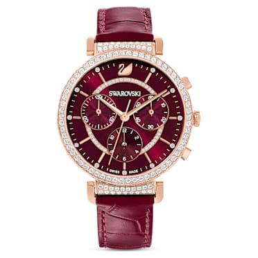 Passage Chrono 手錶, 瑞士製造, 真皮錶帶, 紅色, 玫瑰金色潤飾 - Swarovski, 5580345