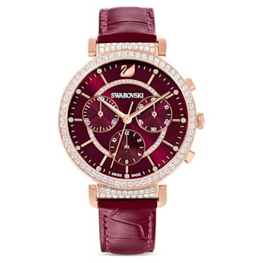 Passage Chrono watch, Swiss Made, Leather strap, Red, Rose gold-tone finish - Swarovski, 5580345