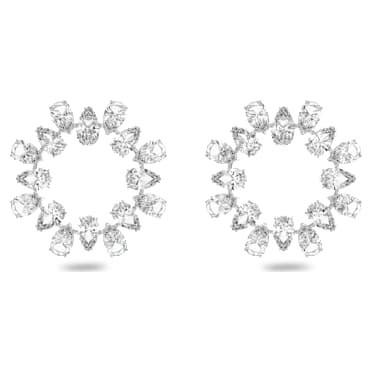 ต่างหูแบบห่วง Matrix, เจียระไนทรงลูกแพร์, ขาว, เคลือบโรเดียม - Swarovski, 5601509
