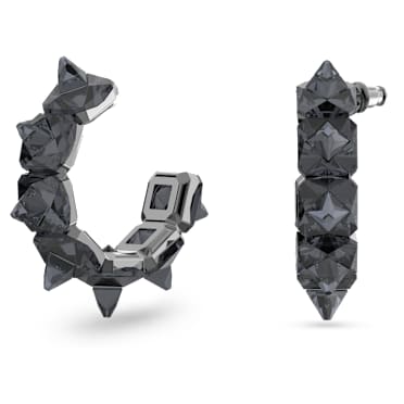 Matrix hoop earrings, Pyramid cut, Gray, Ruthenium plated - Swarovski, 5613681
