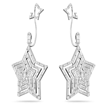 Stella clip earrings, Star, Large, White, Rhodium plated - Swarovski, 5617768