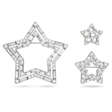 Broche Stella, Conjunto (3), Combinação de lapidações, Estrela, Branca, Lacado a ródio - Swarovski, 5618048