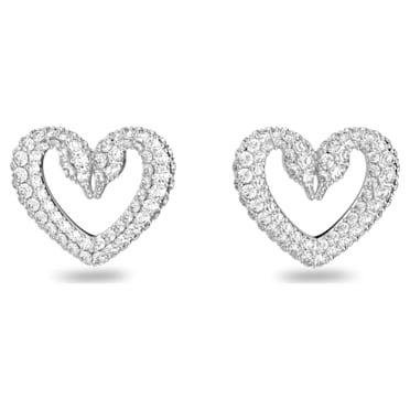Una stud earrings, Heart, Medium, White, Rhodium plated - Swarovski, 5625535