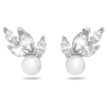Kolczyki zapinane na sztyft Louison Pearl, Liść, Białe, Powłoka z rodu - Swarovski, 5627346