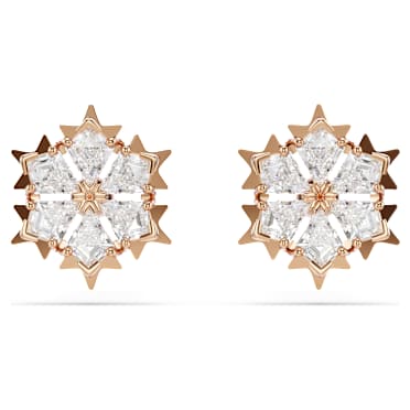 Magic ต่างหูเม็ดเดี่ยว, เกล็ดหิมะ, ขาว, ตกแต่งผิวด้วยโรสโกลด์ 18K - Swarovski, 5627348