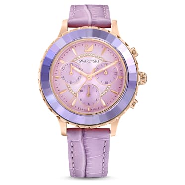 Hodinky Octea Lux Chrono, Vyrobeno ve Švýcarsku, Kožený řemínek, Fialová, Povrchová úprava v růžovozlatém odstínu - Swarovski, 5632263