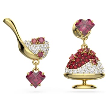 Cariti damla küpeler, Asimetrik tasarım, Buzlu kırmızı fasülye içeceği, Kırmızı, Altın rengi kaplama - Swarovski, 5634707