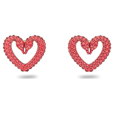Una stud earrings, Heart, Small, Red, Gold-tone plated - Swarovski, 5634812