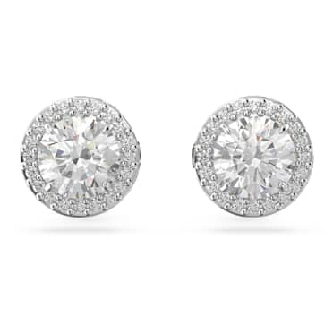 ต่างหูเม็ดเดี่ยว Una, เจียระไนทรงกลม, ฝังแบบพาเว่, ขาว, เคลือบโรเดียม - Swarovski, 5636269