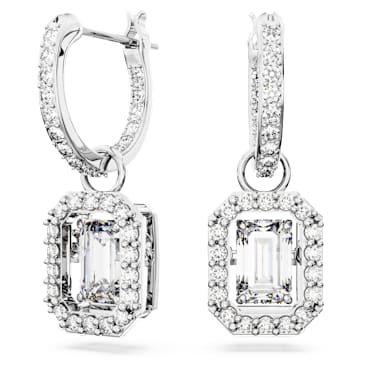 ต่างหูทรงหยดน้ำ Una, เจียระไนทรงแปดเหลี่ยม, ขาว, เคลือบโรเดียม - Swarovski, 5638495