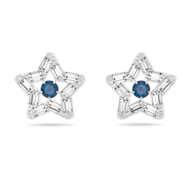 Stella stud earrings, Mixed cuts, Star, Blue, Rhodium plated - Swarovski, 5639188