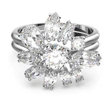 Inel cocktail Gema, Tăieturi mixte, Floare, Alb, Placat cu rodiu - Swarovski, 5644660