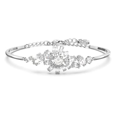 Gema bangle, Mixed cuts, Flower, White, Rhodium plated - Swarovski, 5644681