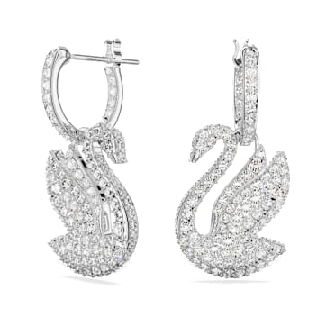 Swan drop earrings, Swan, White, Rhodium plated - Swarovski, 5647545