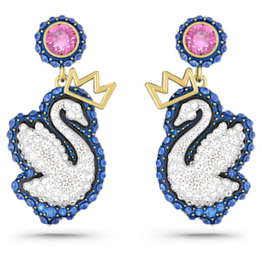Pop Swan drop earrings, Swan, Blue, Gold-tone plated - Swarovski, 5649196