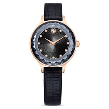 Octea Nova 手錶, 瑞士製造, 真皮錶帶, 黑, 玫瑰金色潤飾 - Swarovski, 5650033