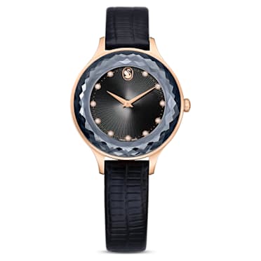 Octea Nova 腕表, 瑞士制造, 真皮表带, 黑色, 玫瑰金色调润饰 - Swarovski, 5650033