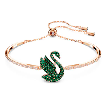 Pevný náramek Swarovski Iconic Swan, Labuť, Zelená, Pokoveno v růžovozlatém odstínu - Swarovski, 5650065