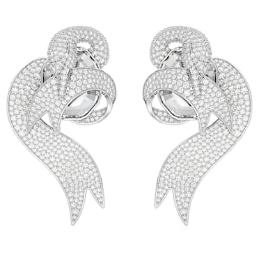 Fashion Swan 夾式耳環, 非對稱設計, 天鵝, 白色, 鍍白金色 - Swarovski, 5650898