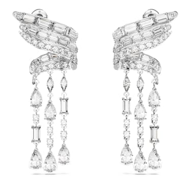 Hyperbola drop earrings, Carbon neutral zirconia, Mixed cuts, White, Rhodium plated - Swarovski, 5652099
