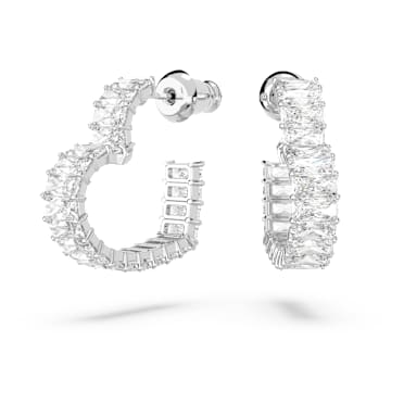 Matrix hoop earrings, Baguette cut, Heart, Small, White, Rhodium plated - Swarovski, 5653170