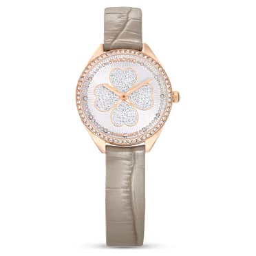 Zegarek Attract, Swiss Made, Koniczyna, Skórzany pasek, Szary, Powłoka w odcieniu różowego złota - Swarovski, 5653350