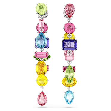 Cercei cu drop Gema, Design asimetric, Tăieturi mixte, Lungi, Multicolori, Placat cu rodiu - Swarovski, 5656417