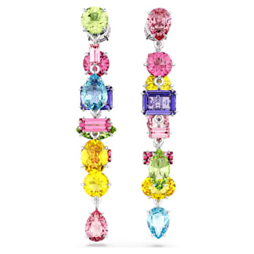 Gema drop earrings, Asymmetrical design, Mixed cuts, Long, Multicolored, Rhodium plated - Swarovski, 5656417